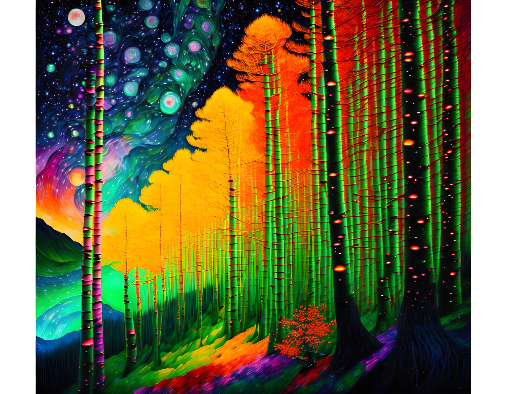Surreal colorful forest with glowing trees & starry sky