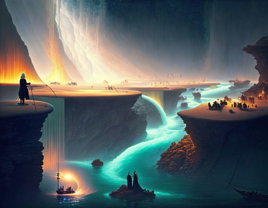 Person overlooking luminous cave with waterfalls and ethereal boats