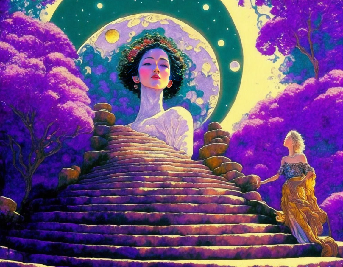 Surreal artwork: giant woman's face in moonlit sky above staircase with purple trees