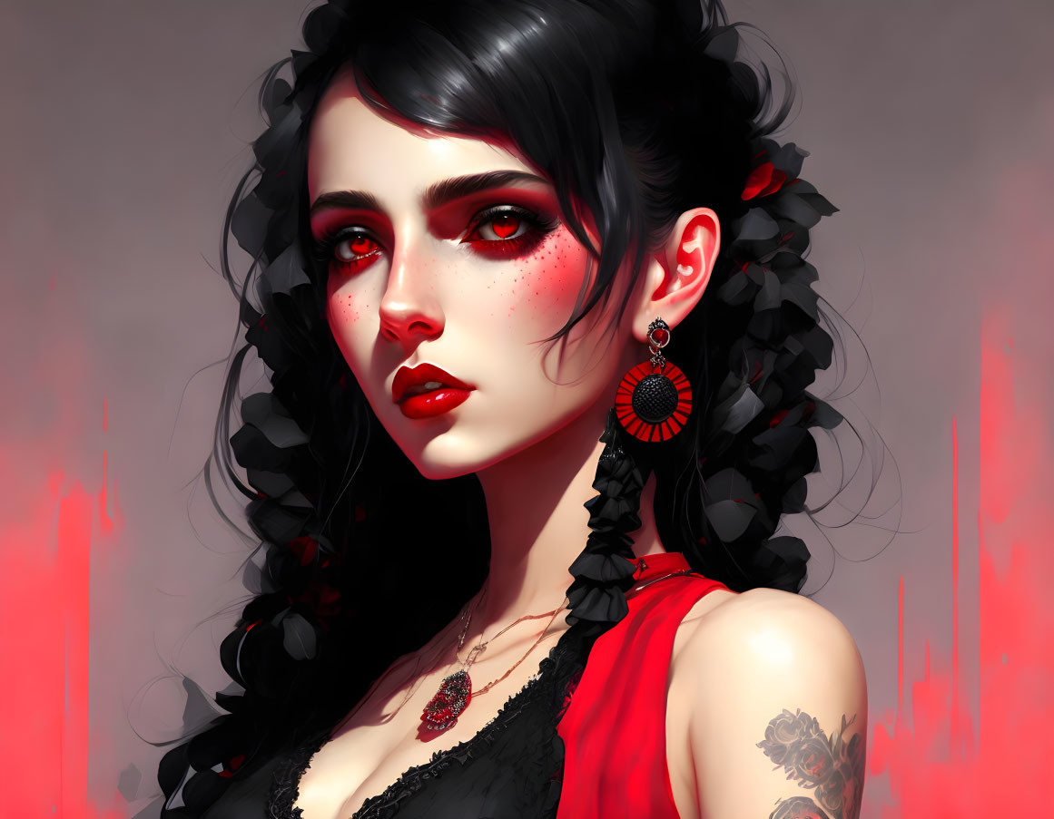 Digital artwork: Woman with porcelain skin, black hair, red eyes, earrings, tattoo, red dress