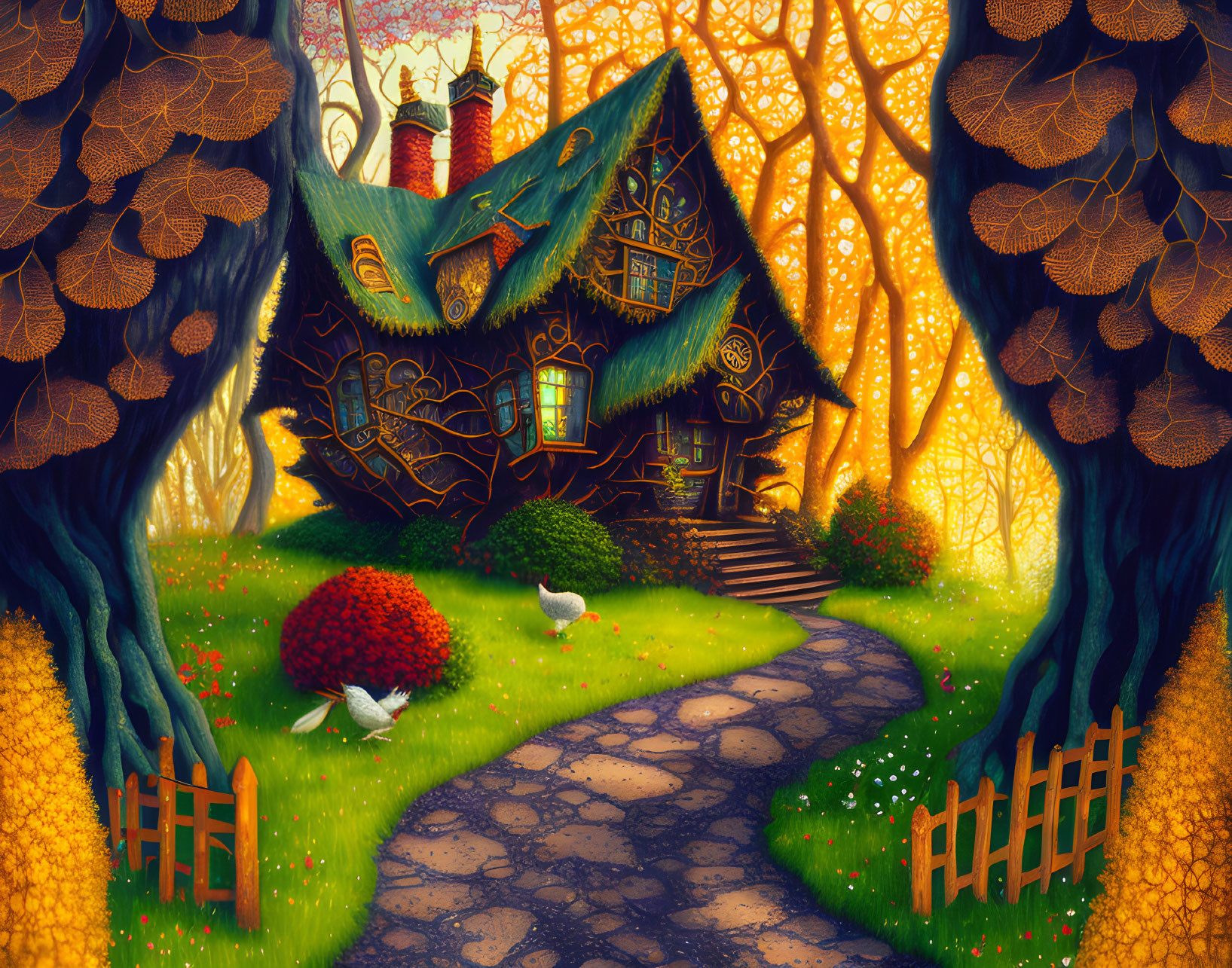 Illustration of quaint house in vibrant autumn forest