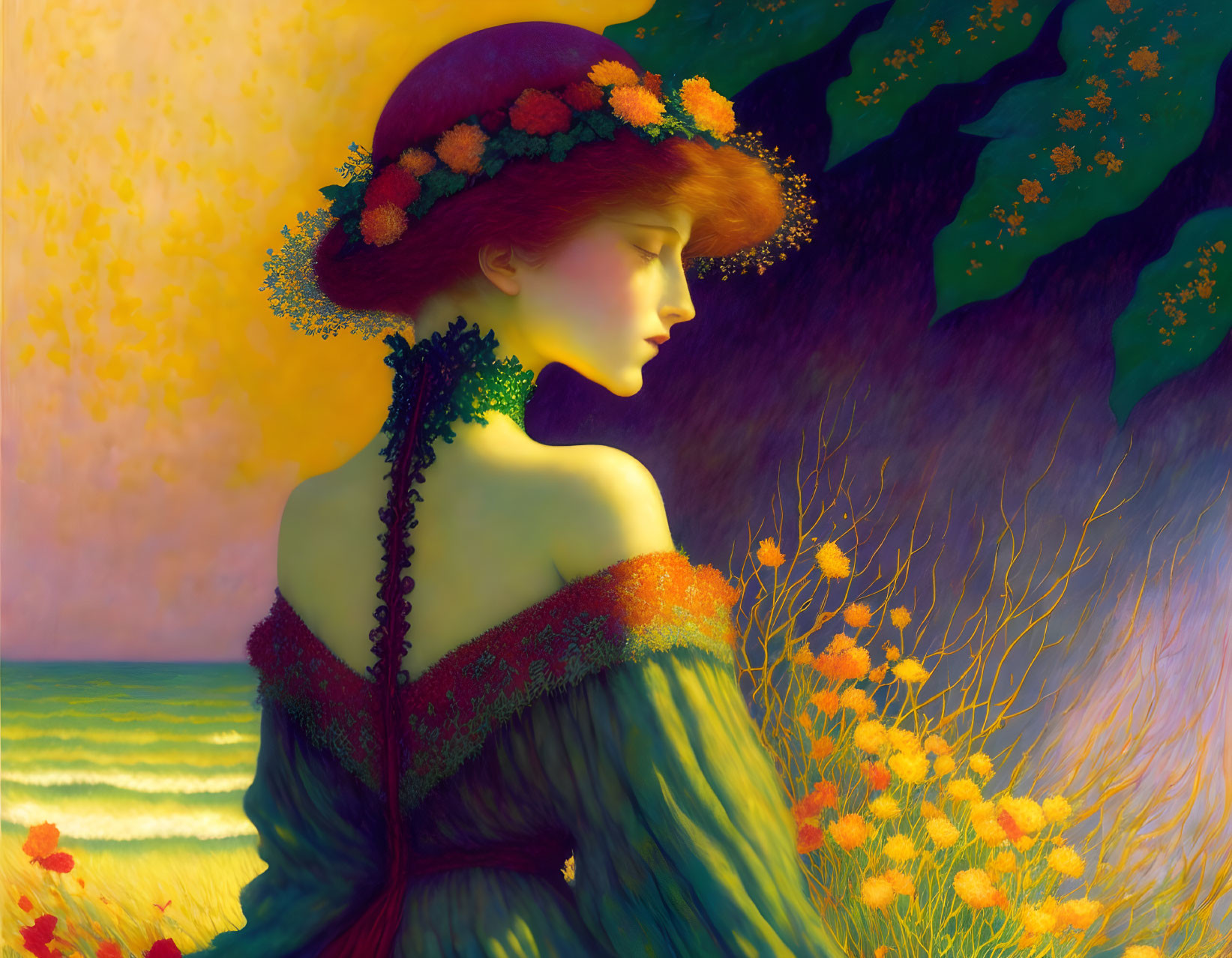 Woman in profile with red hat and green dress in vibrant landscape.