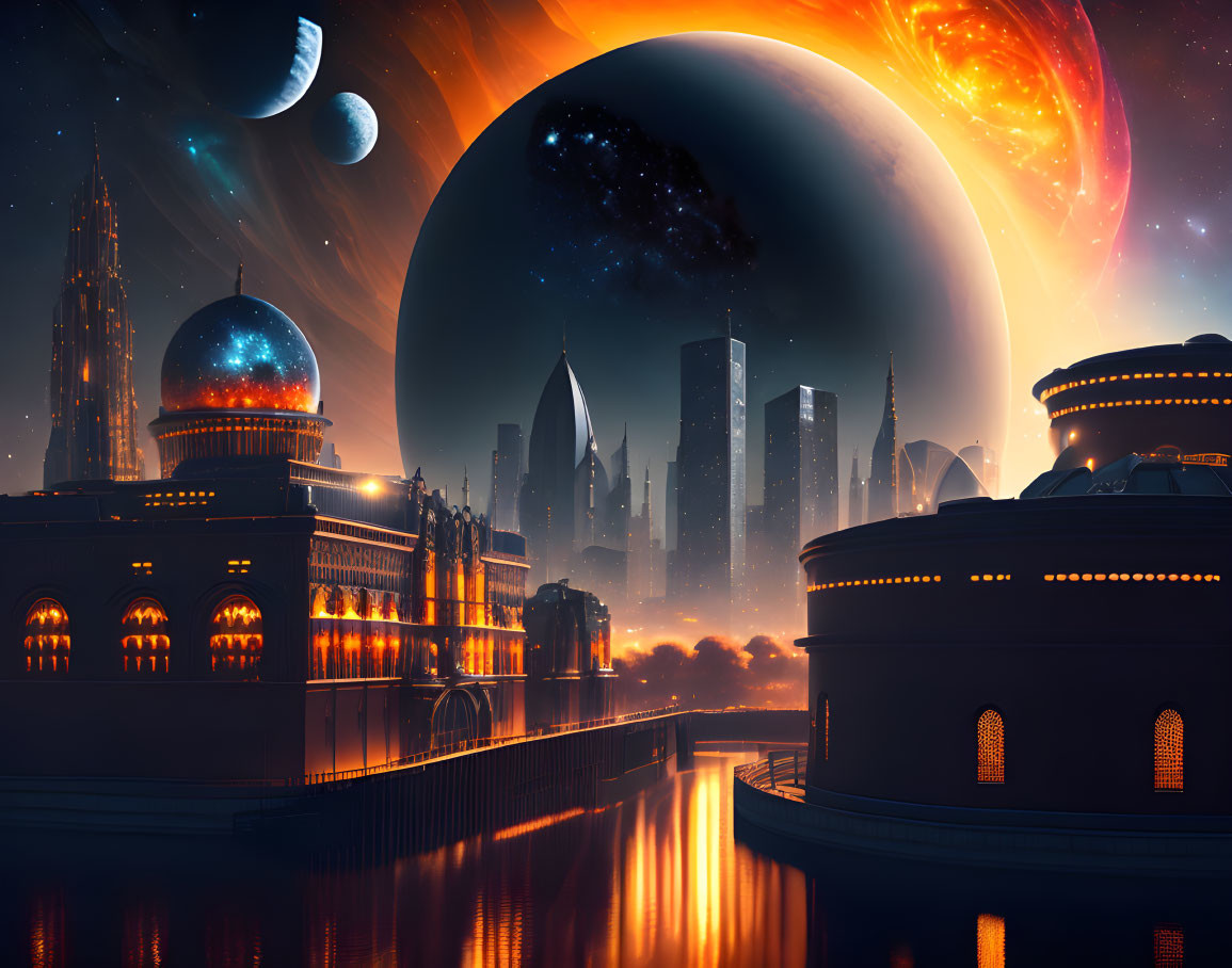 Futuristic night cityscape with illuminated buildings, cosmic sky