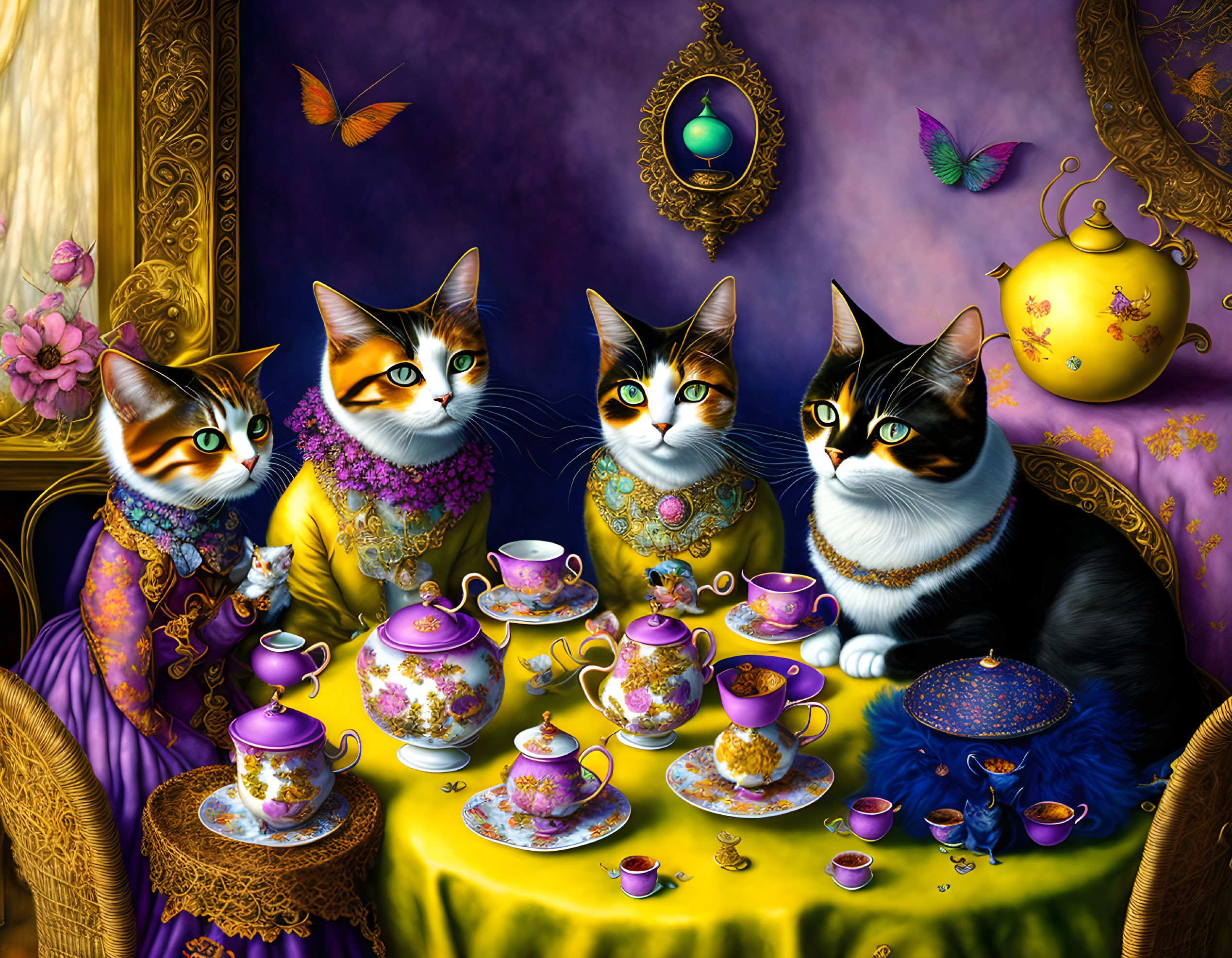 Ornately Dressed Cats at Lavish Tea Party with Teapots, Cups, Jewelry,