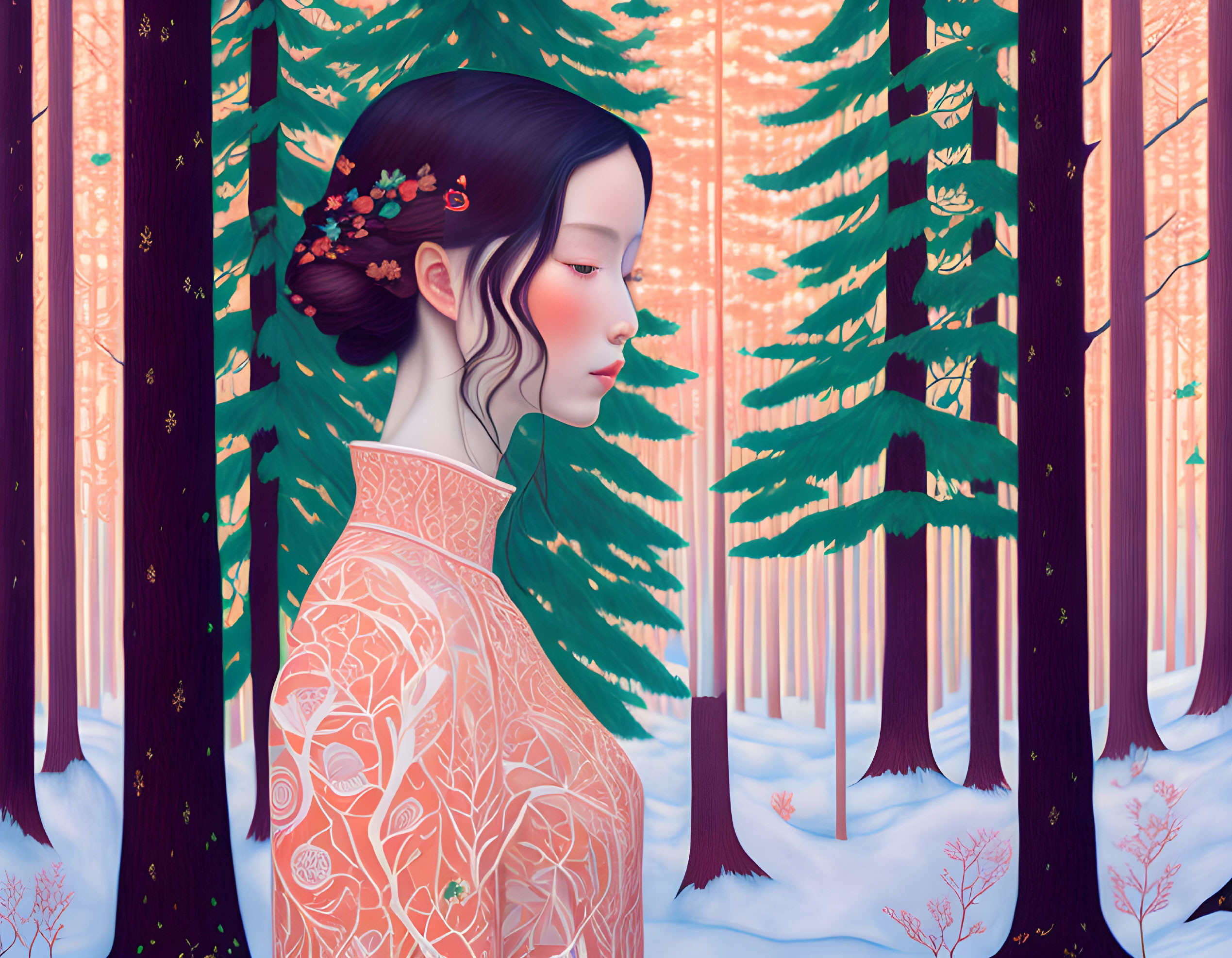 Detailed illustration: Woman in orange kimono with flower-adorned hair in pink and purple forest