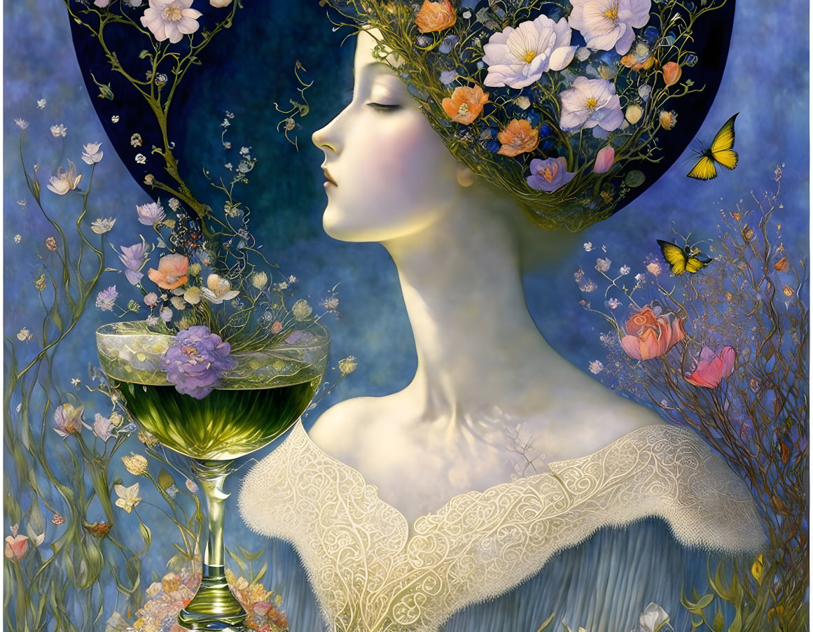 Illustration of woman with floral hat, butterflies, flowers, and chalice.