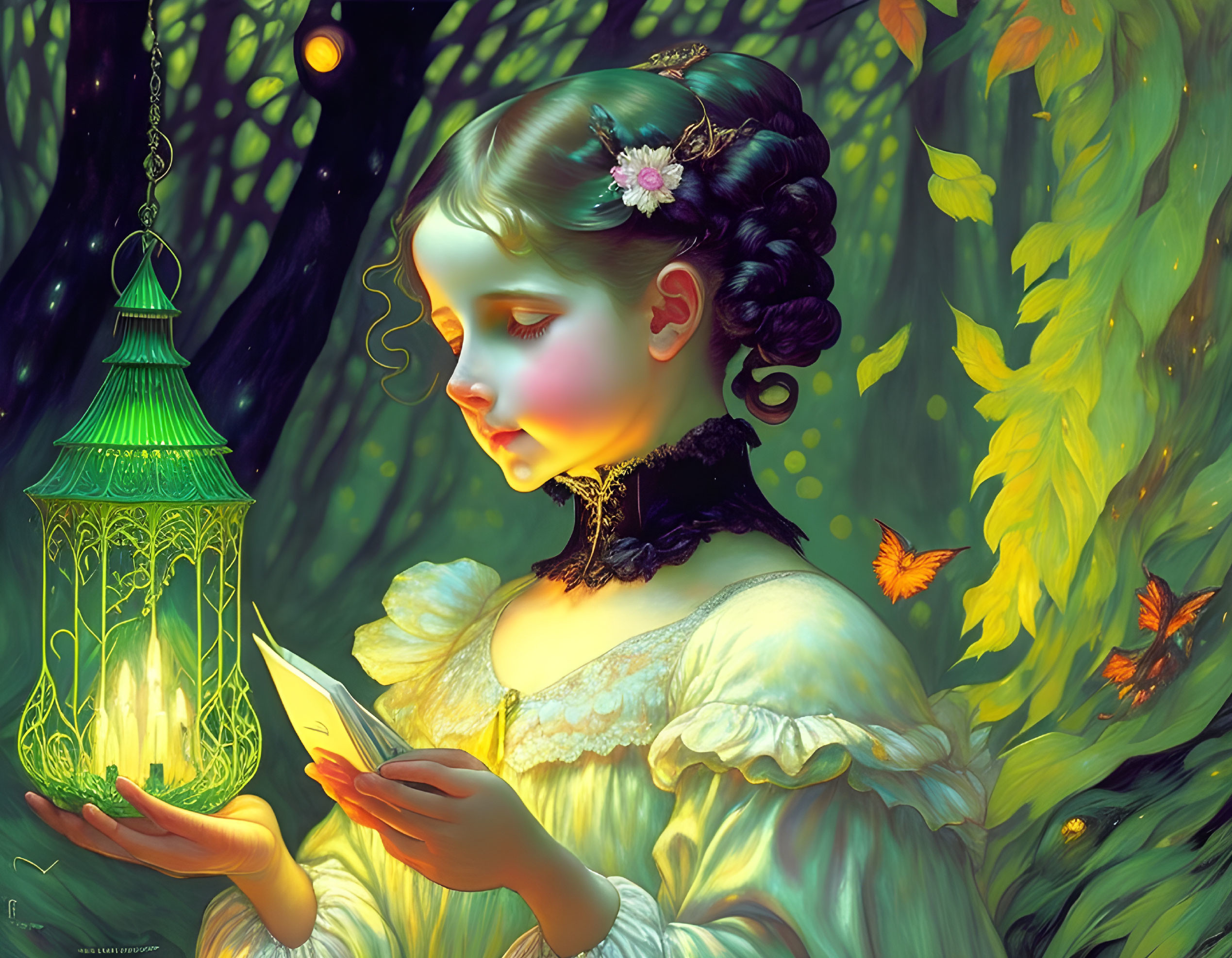 Vintage dress girl with lantern in mystical forest scene