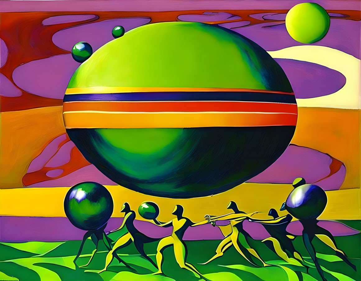 Colorful abstract painting: humanoid figures with ropes and oversized spheres