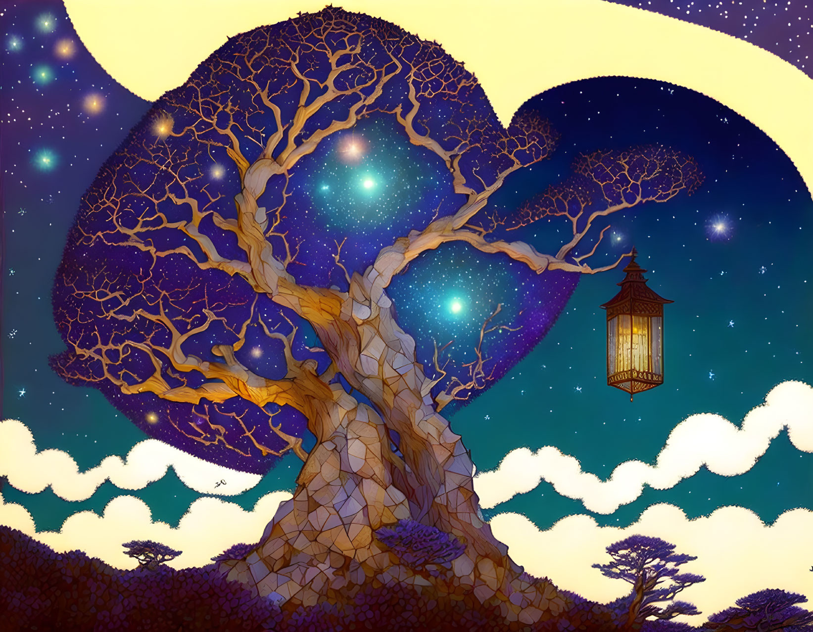 Whimsical illustration of magical tree under starry sky