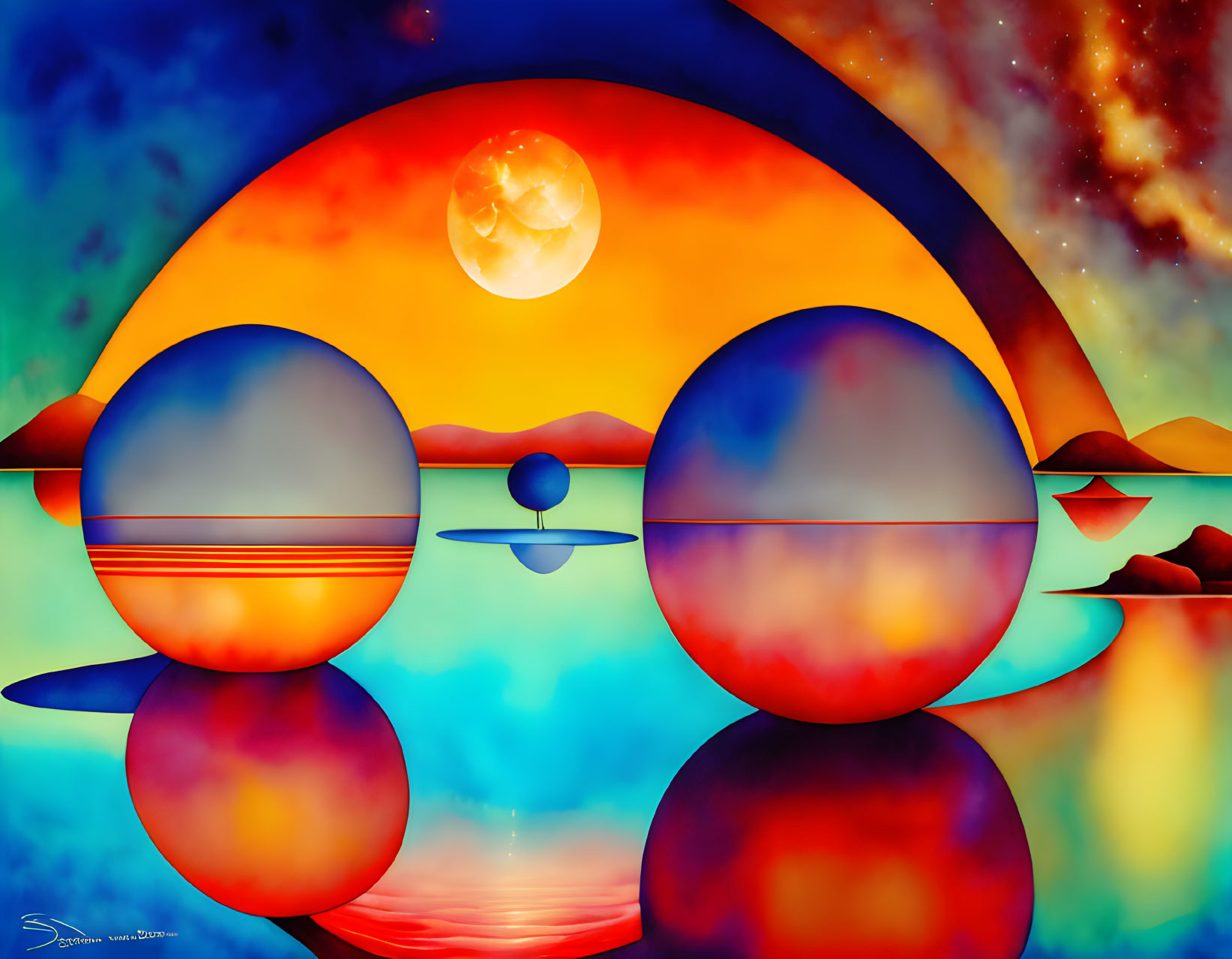 Abstract digital art: Planets reflected in water under sunset and starry sky