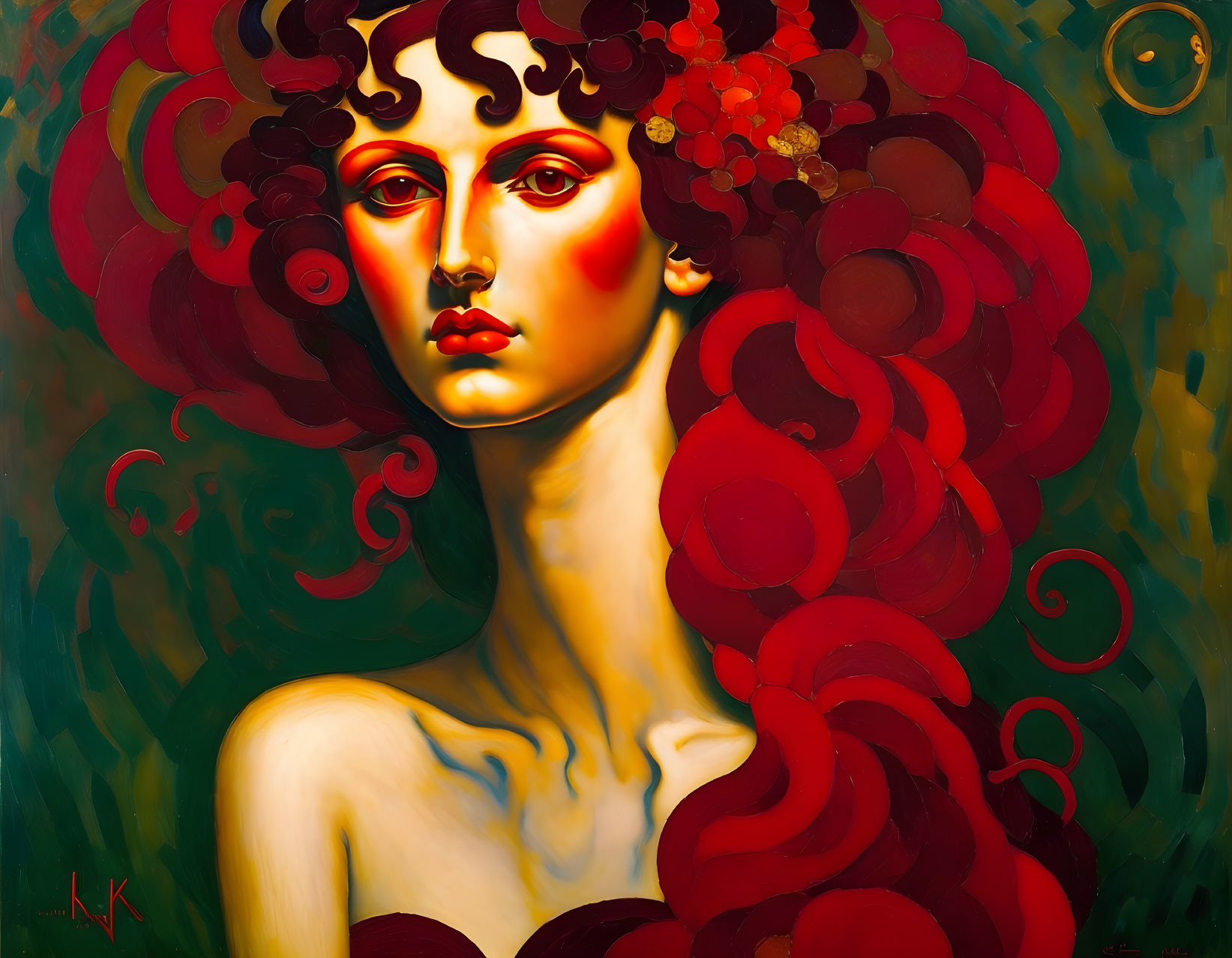 Stylized woman with flowing red hair on green background