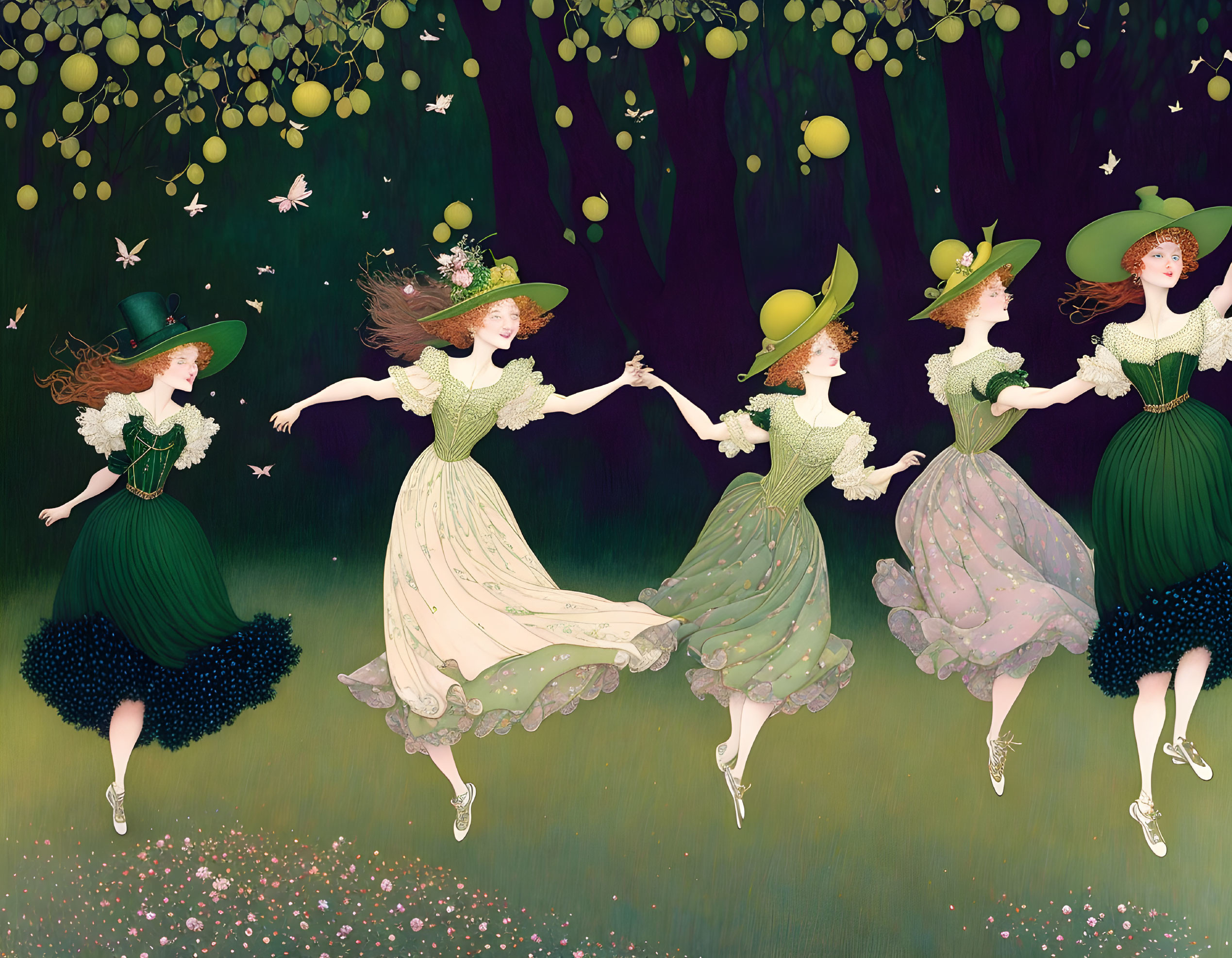 Five women in green dresses dancing in whimsical forest with yellow orbs and butterflies