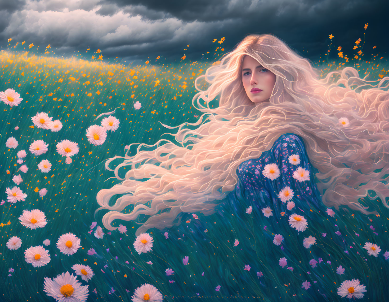 Blonde woman in daisy field under stormy sky