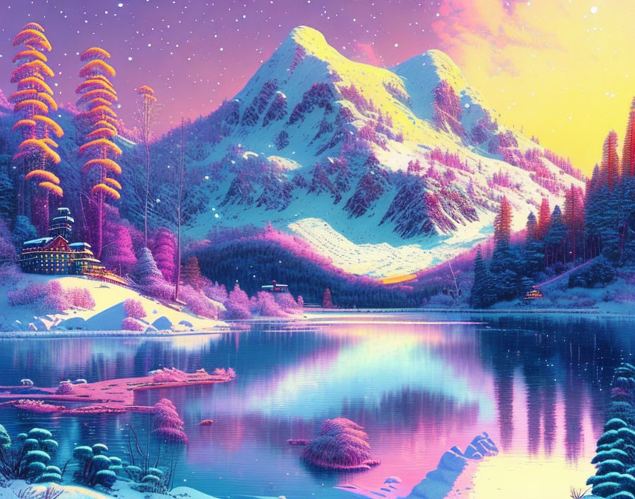 Colorful Winter Landscape with Snowy Mountains, Lake, Cabin, and Sunset Sky