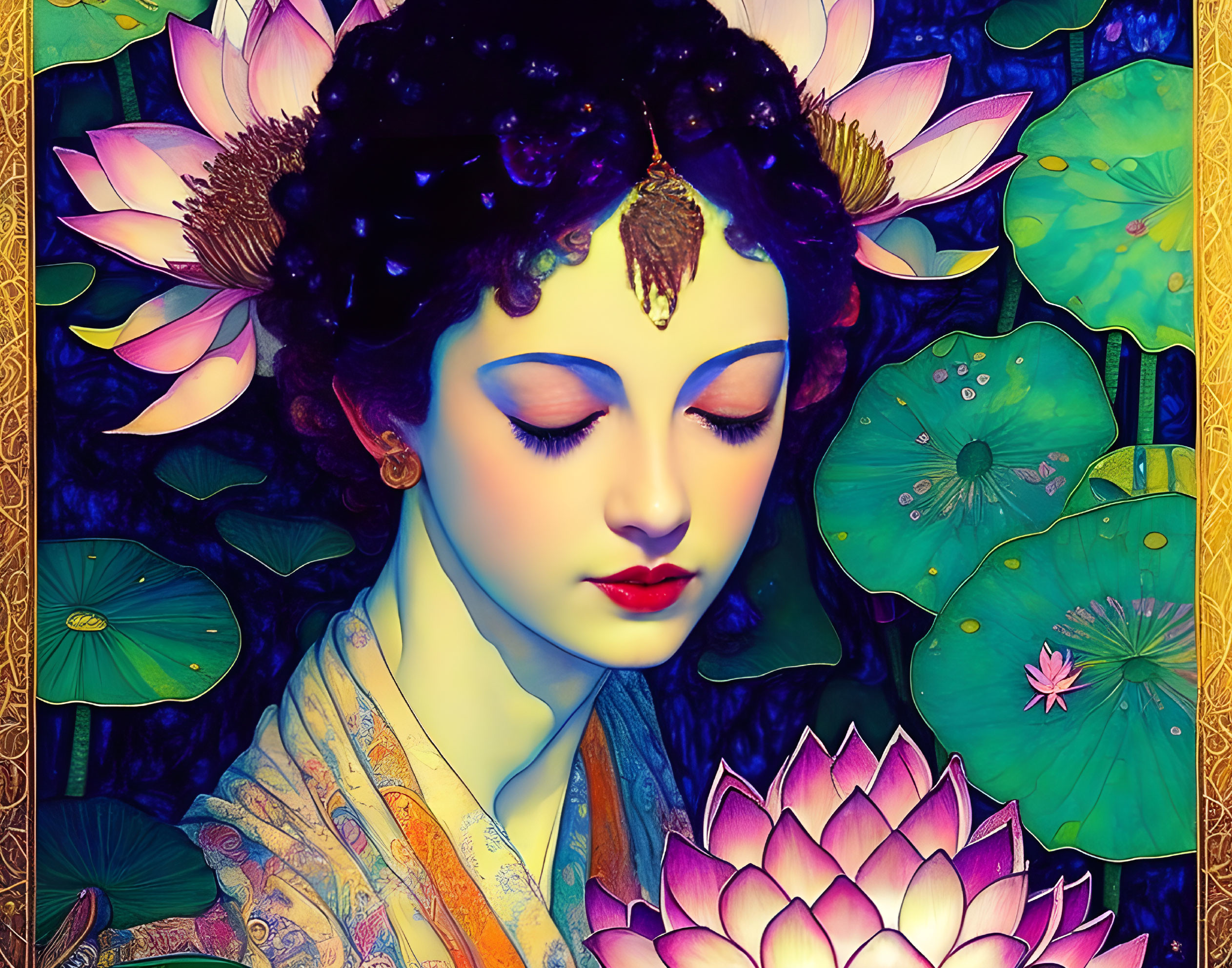 Female figure with intricate hair decoration among lotus flowers in Asian art style
