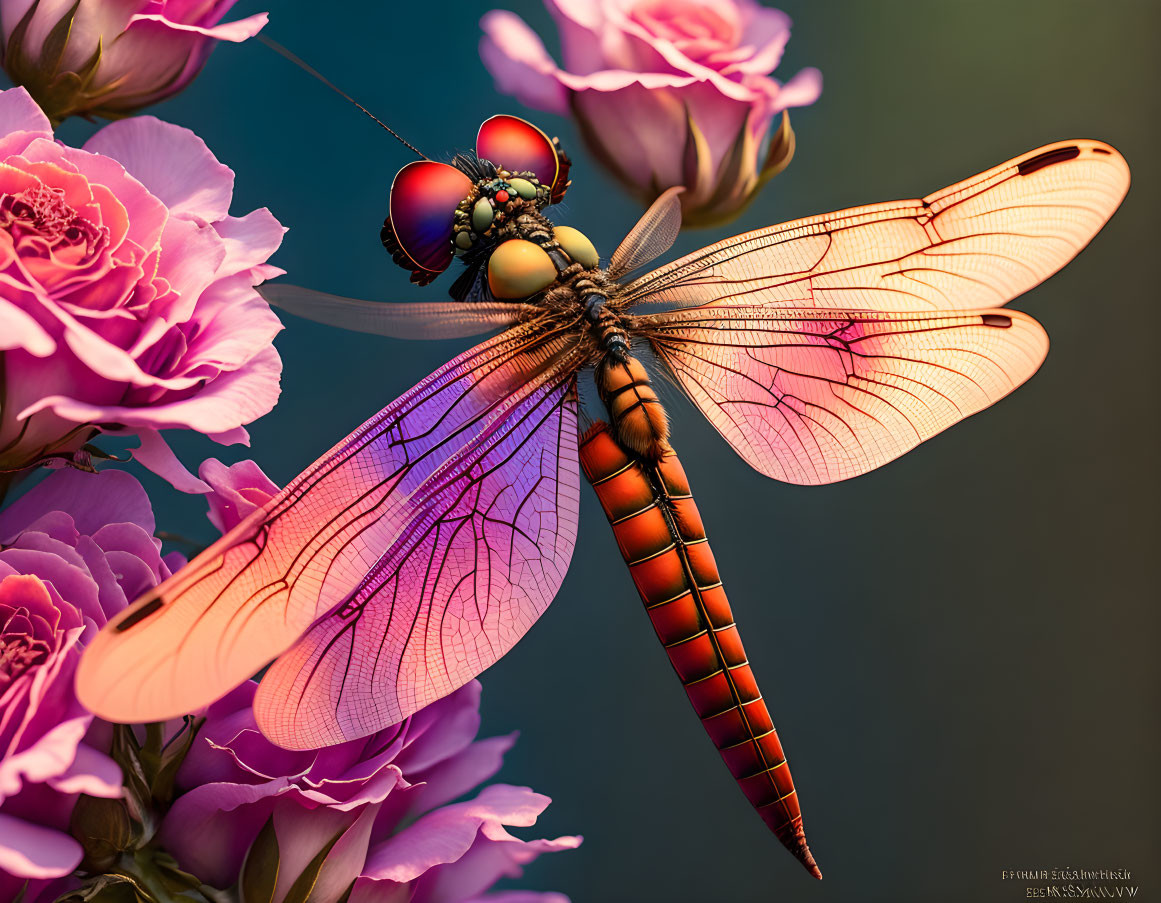 Colorful dragonfly on pink flowers against teal background