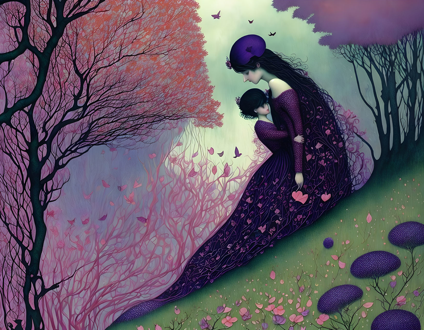 Whimsical forest scene with woman in purple dress and child among purple mushrooms and pink foliage