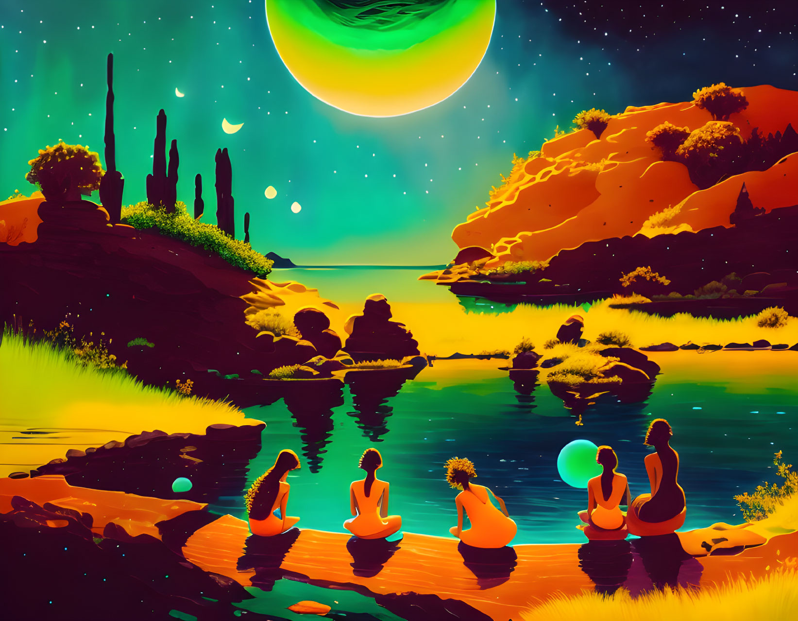 Colorful alien landscape with green planet, figures by lake, orbs, and fantastical flora