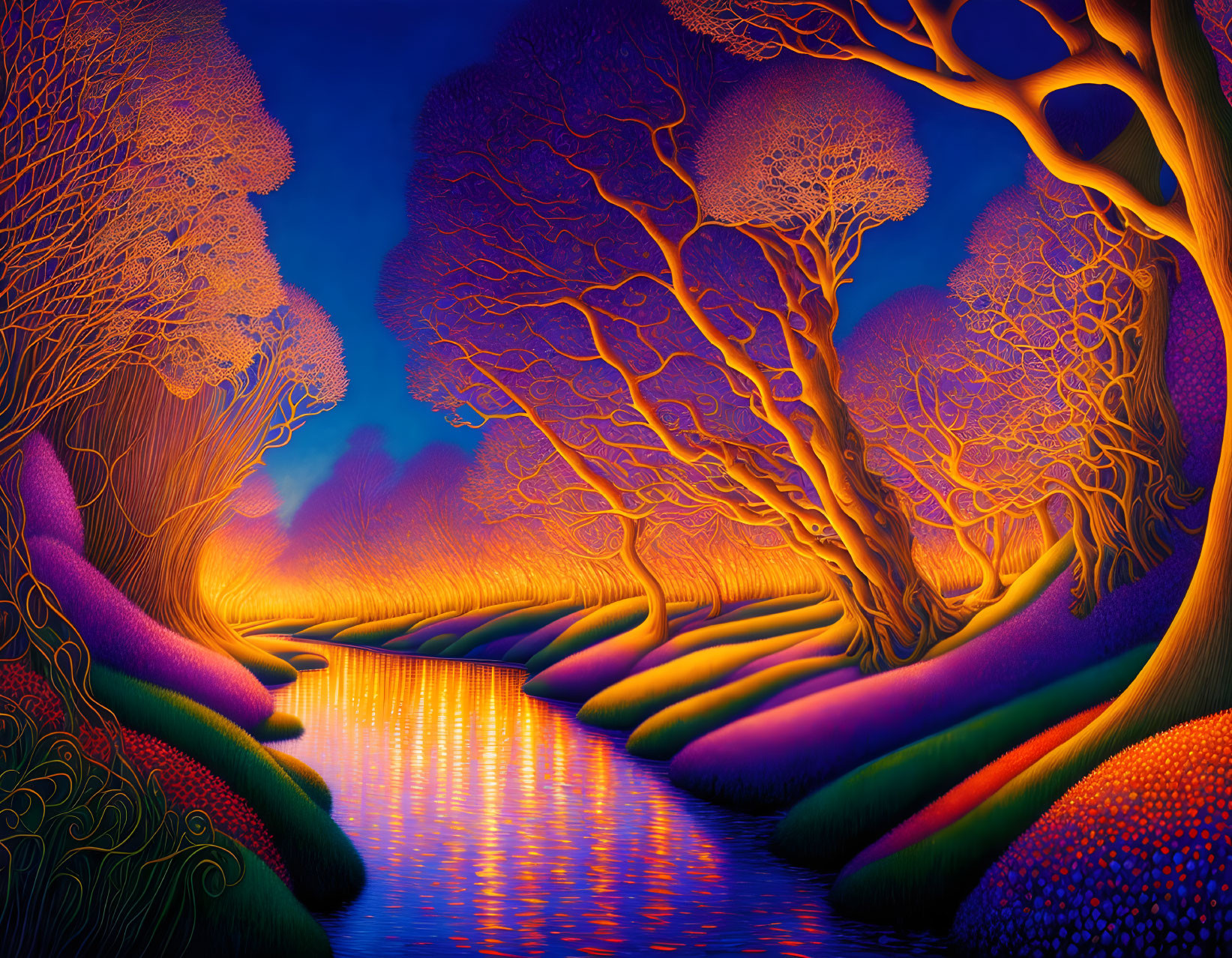 Colorful Illustration: Whimsical Forest, Stylized Trees, Serene River