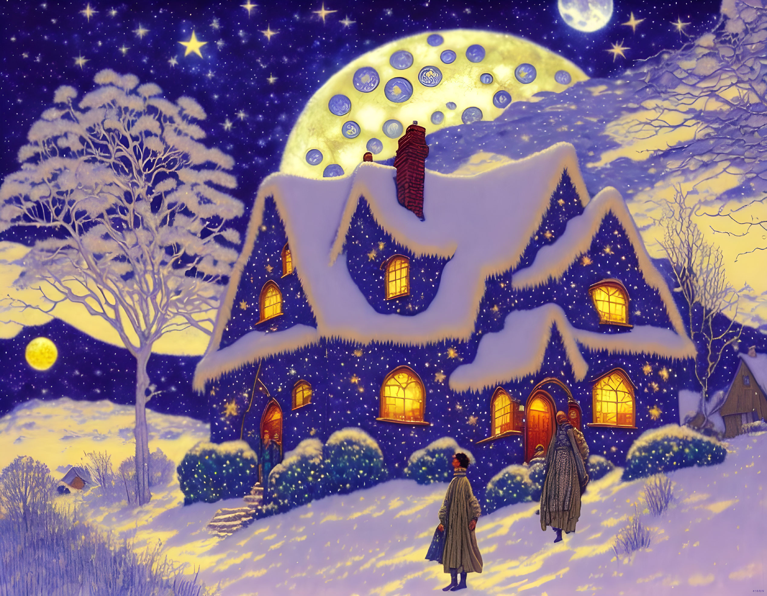 Snowy scene: Two figures near cozy, snow-covered house under starry sky with ornate moon