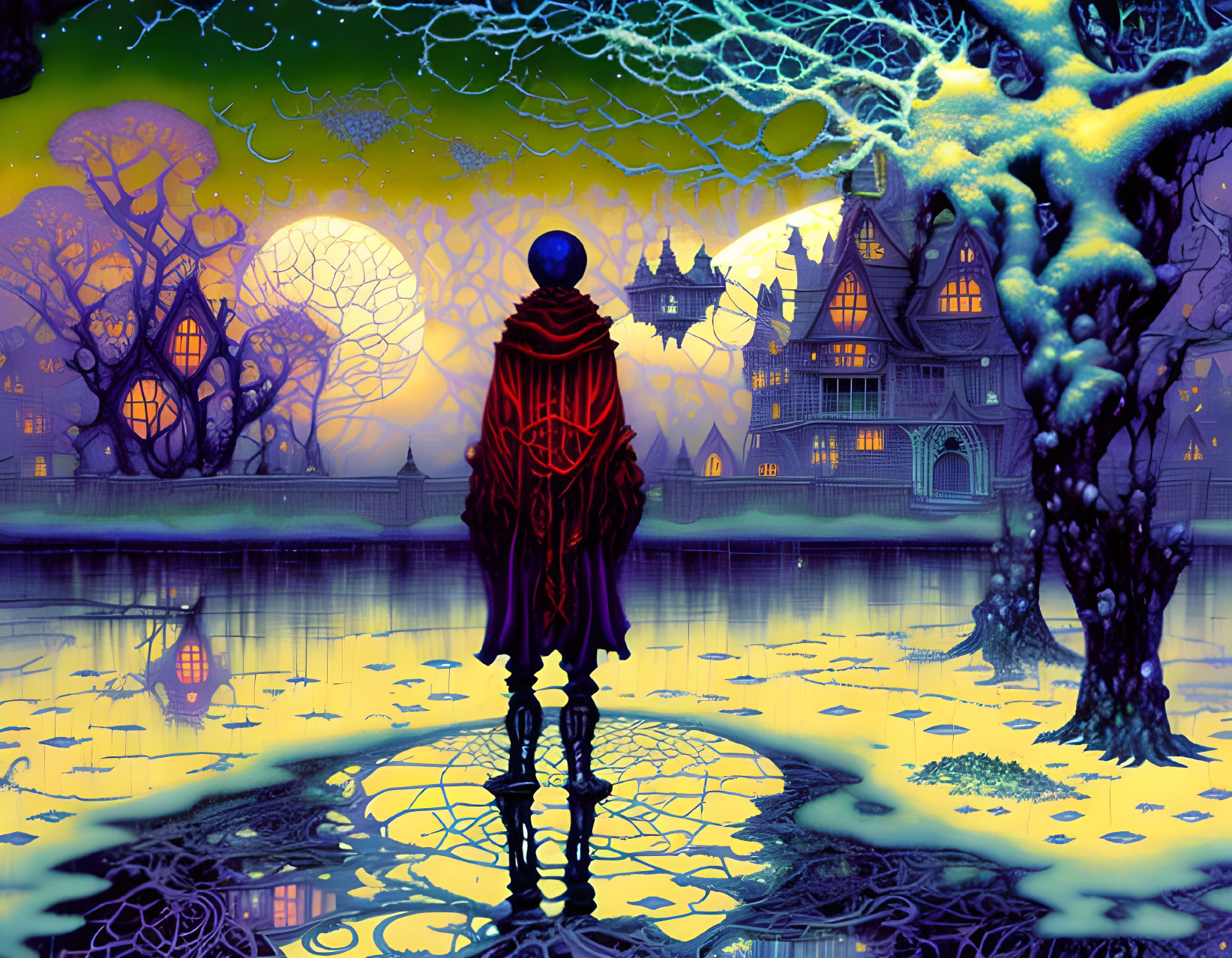 Cloaked figure at fantastical mansion by reflective lake under full moon