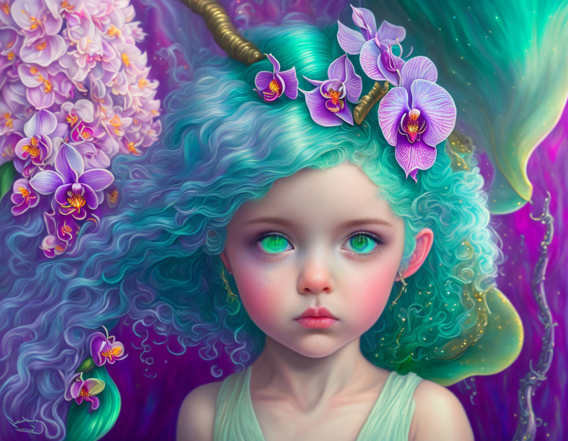 Illustration of young girl with teal hair, orchids, green eyes, and unicorn horn in dream