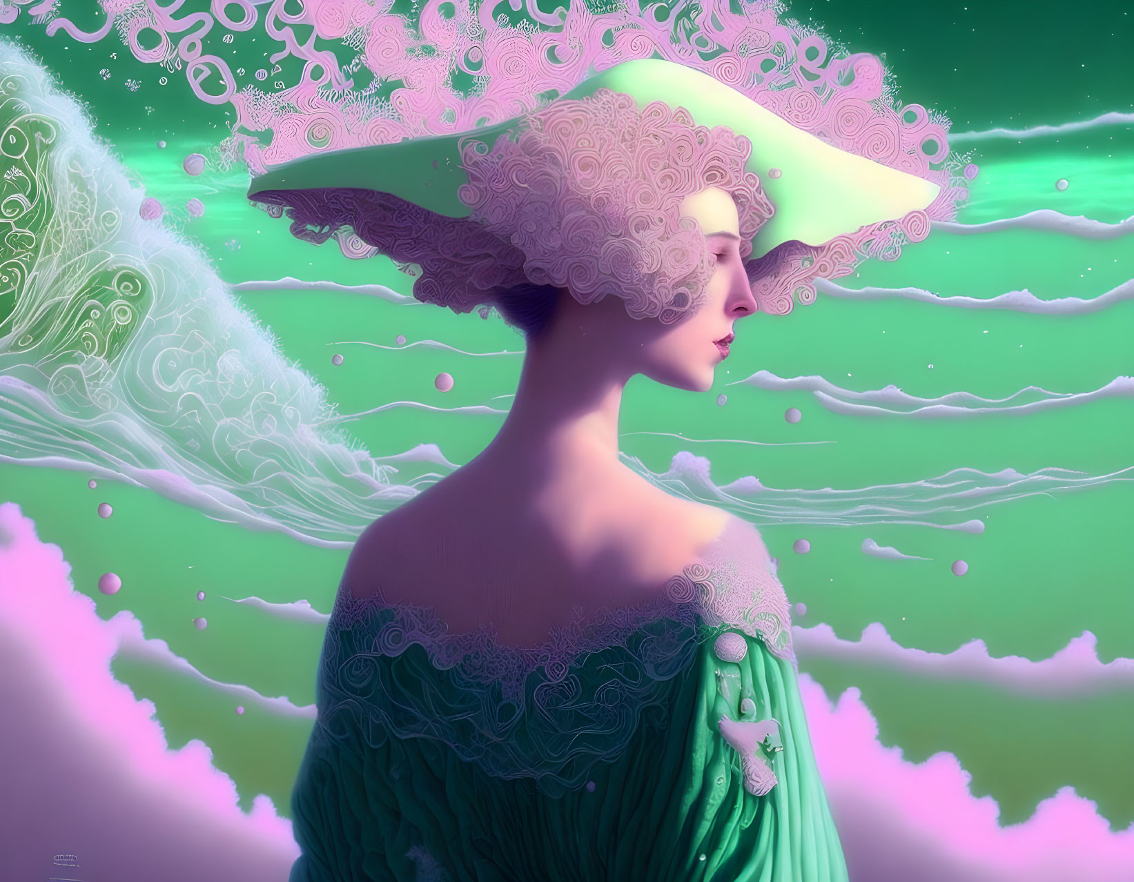Stylized portrait of woman in green dress and hat against surreal wave patterns