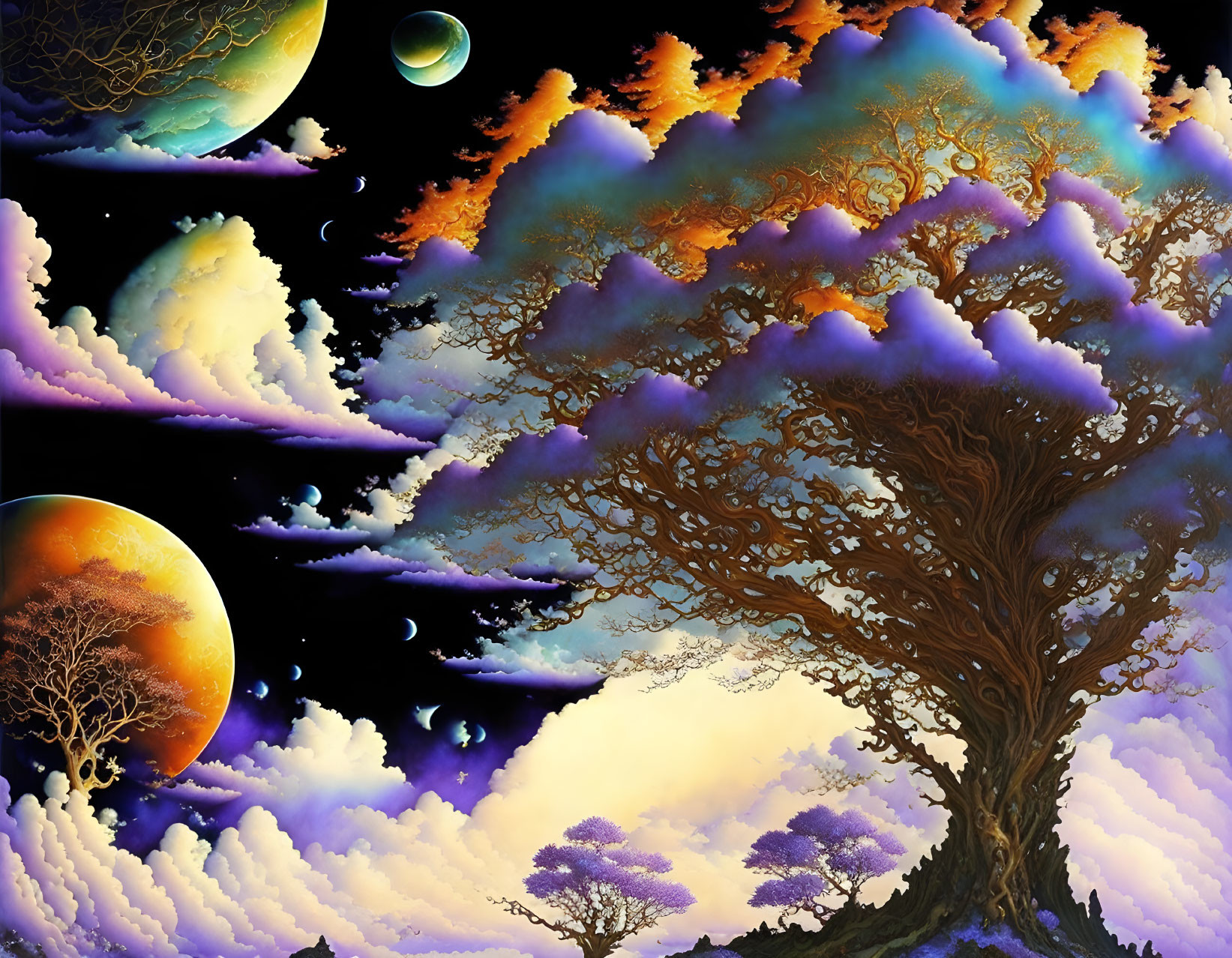 Colorful fantasy landscape with majestic tree, planets, and starry sky