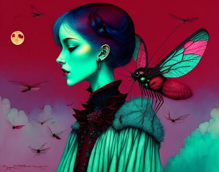 Colorful digital artwork: Blue-skinned woman in Victorian attire with pink-winged insect under red sky