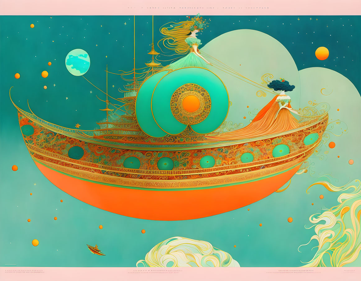 Colorful ornate boat in mystical sky with planets and graceful figures