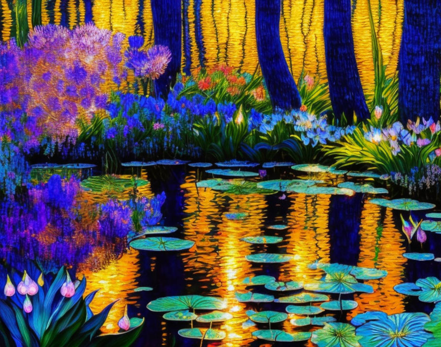 Impressionist-style digital painting of luminous flowers and lily pads on water