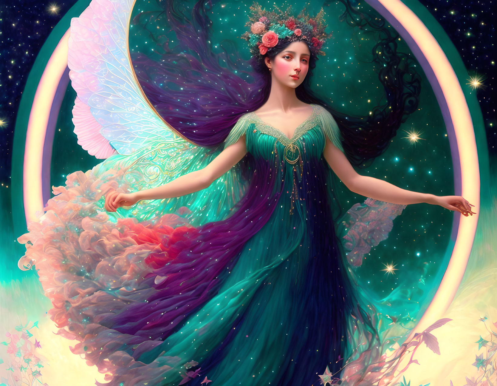 Illustration of fairy with iridescent wings in gradient gown under starry backdrop