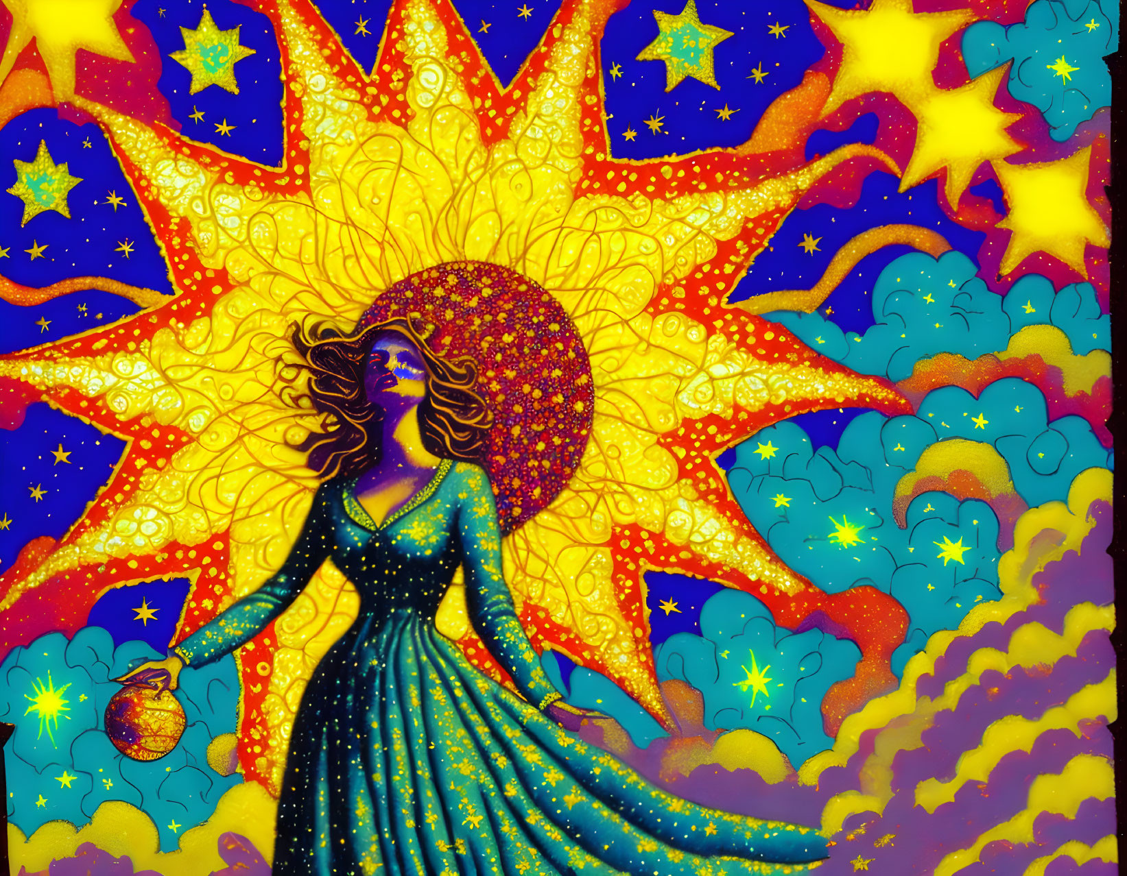 Colorful illustration of woman with star-filled hair holding celestial sphere under radiant sky.