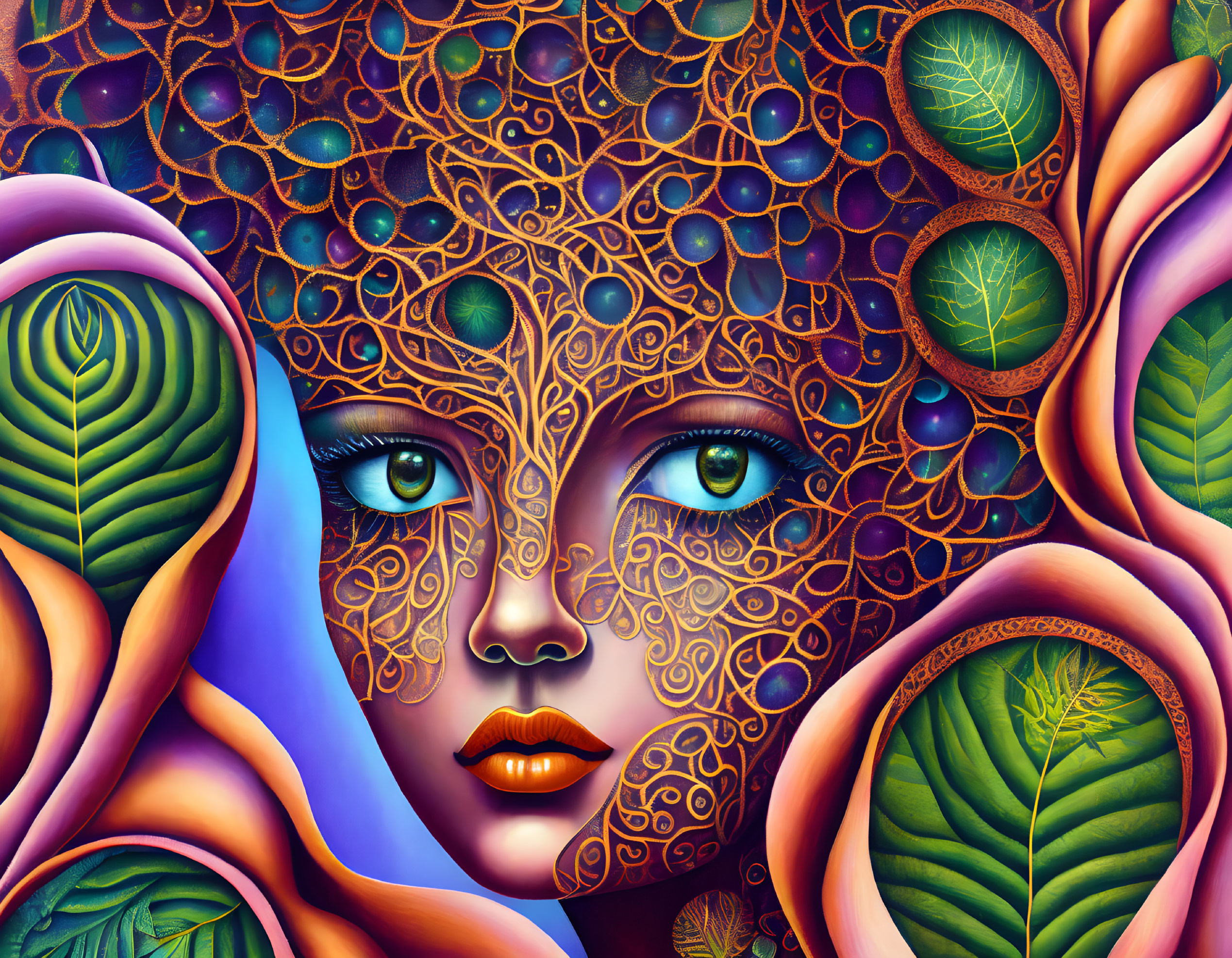 Intricate digital artwork of stylized female face with foliage patterns