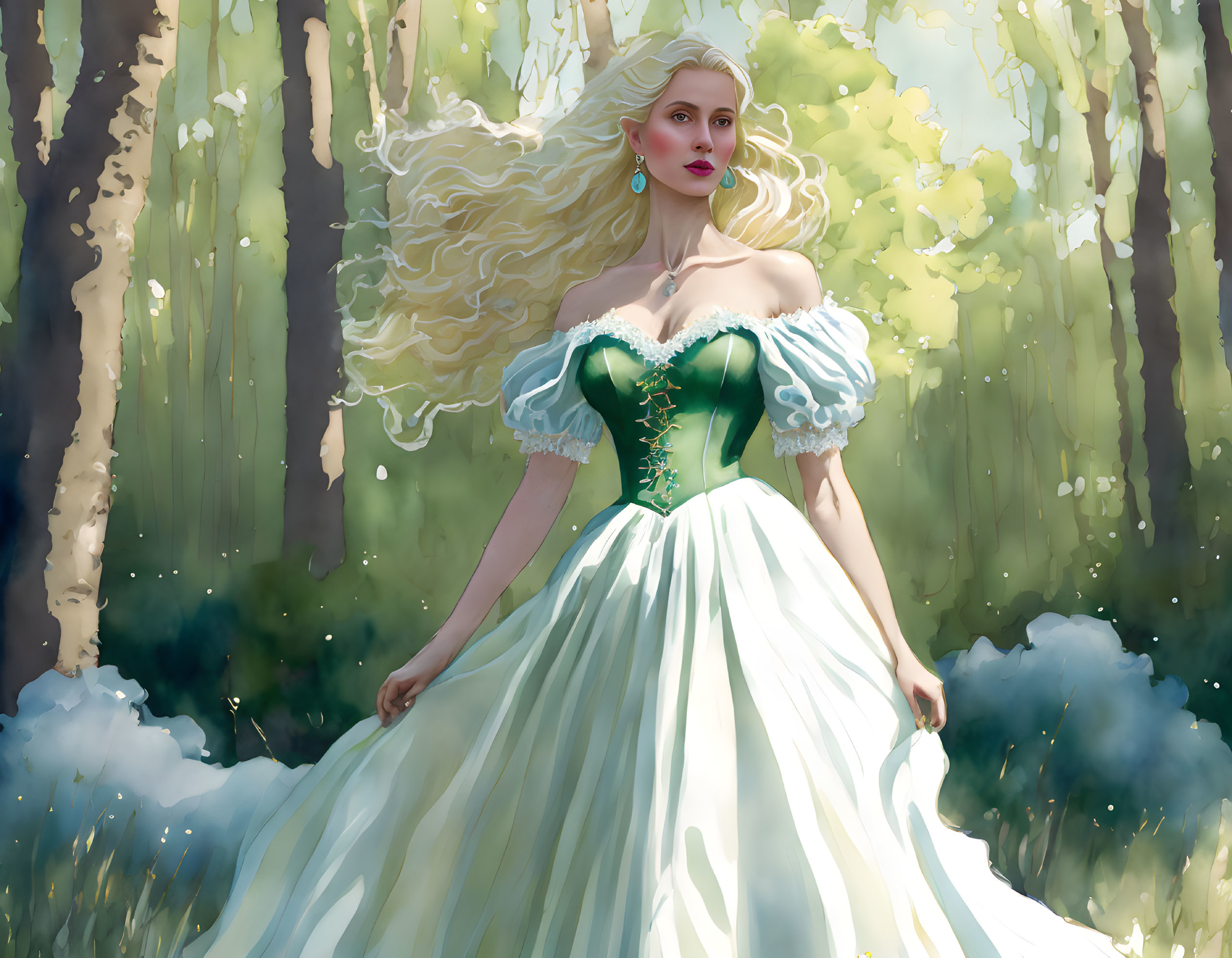 Blonde woman in green & white dress in sunlit forest