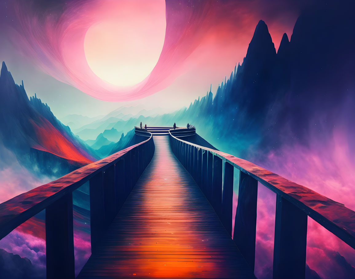 Surreal landscape with wooden bridge, boats, mountains, vibrant skies, and pink planet