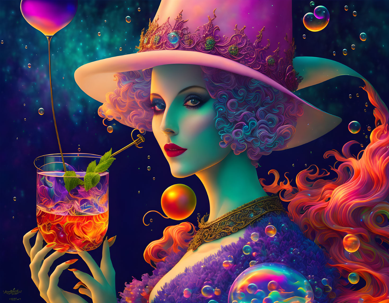 Colorful illustration of woman with curly hair and pink hat holding a drink against starry background