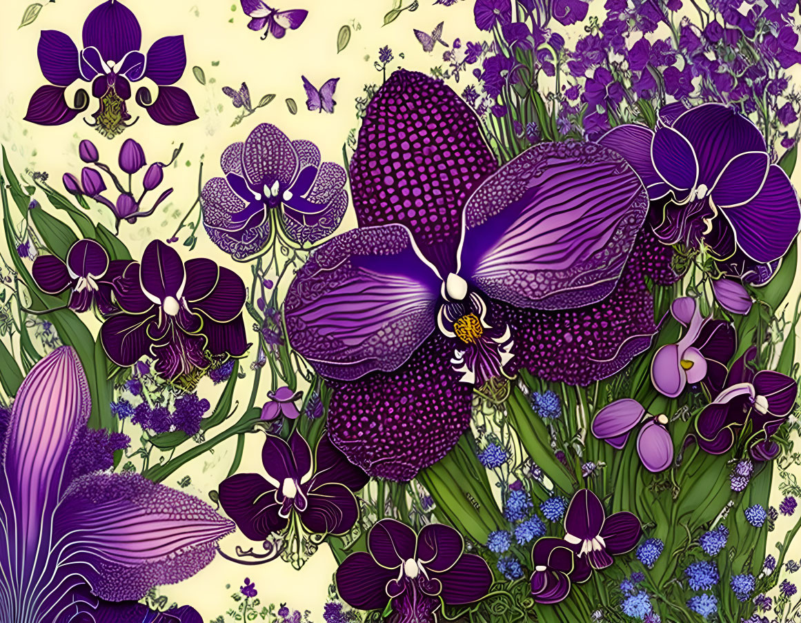 Detailed Purple Orchids Illustration on Yellow Background