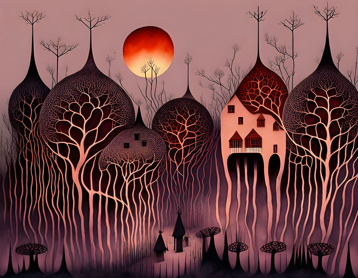 Fantastical landscape with tree-like houses and red sun