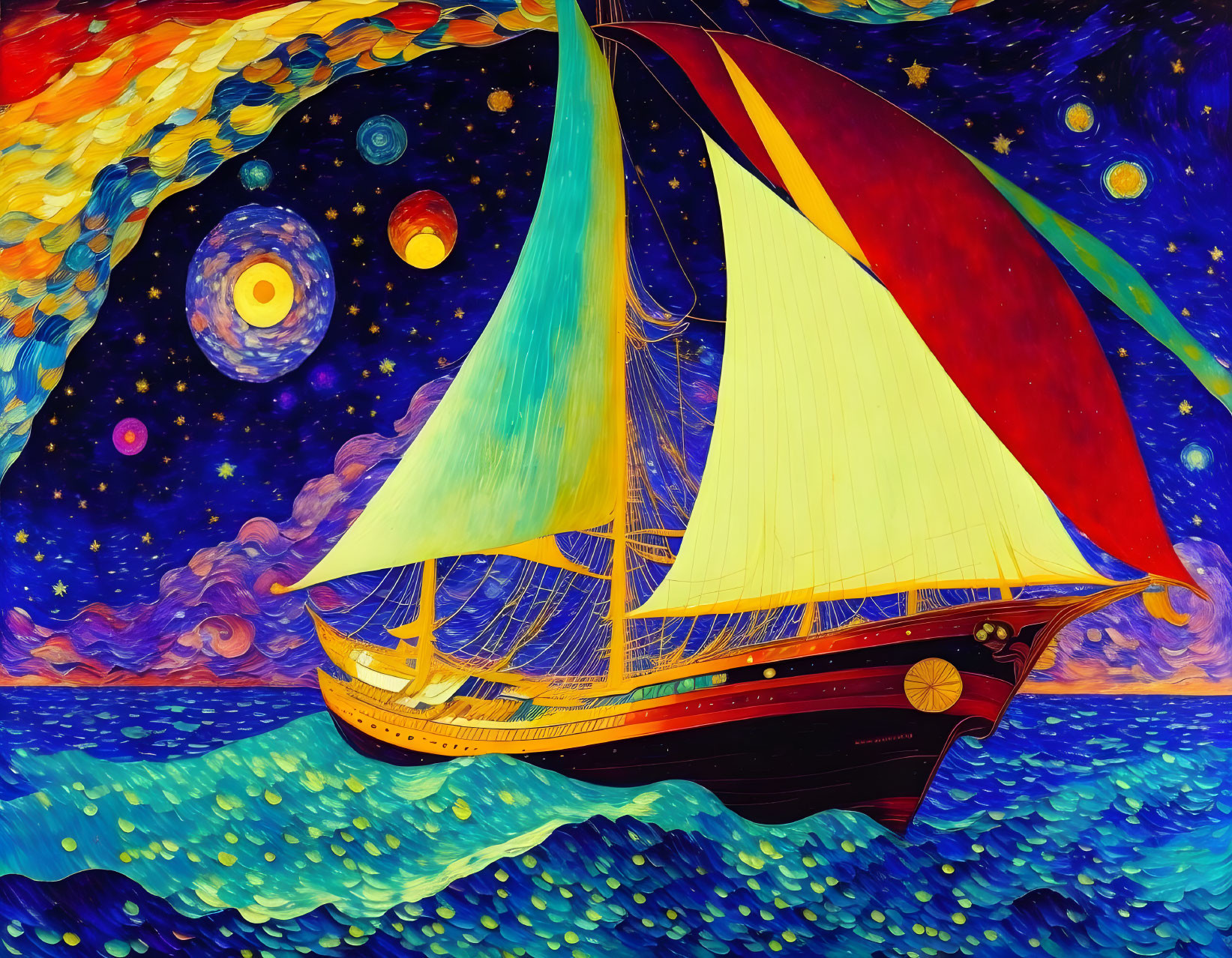 Colorful sailboat painting with starry night sky background