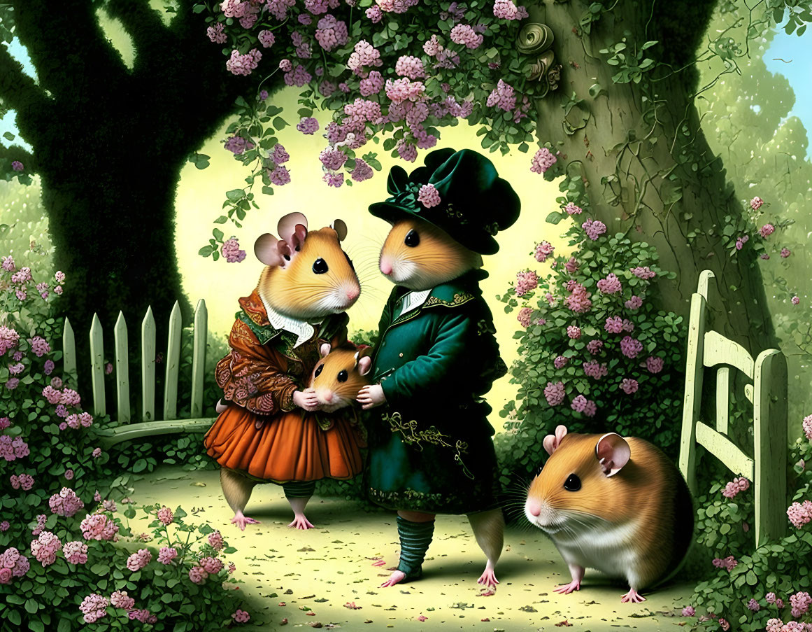 Anthropomorphic mice family in classic attire in lush garden