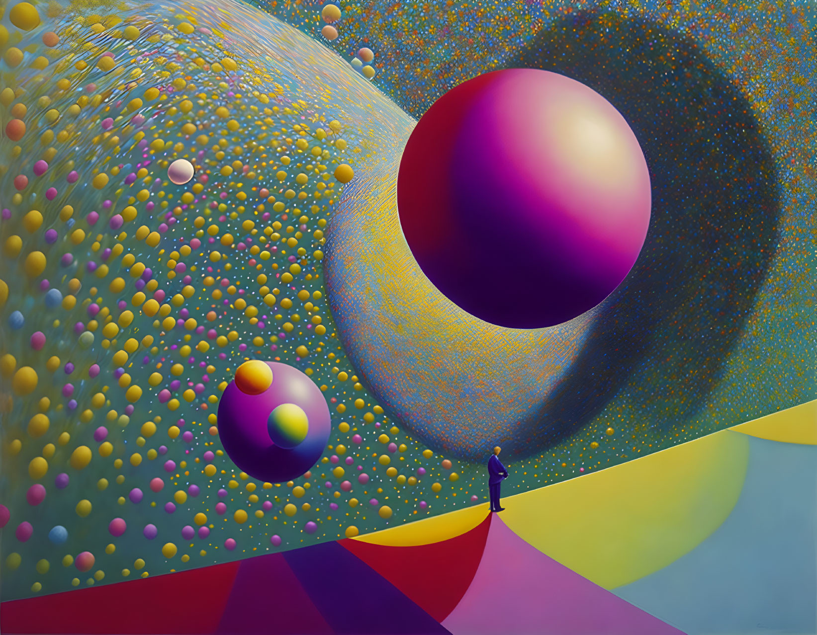 Vibrant surreal landscape with colorful floating orbs