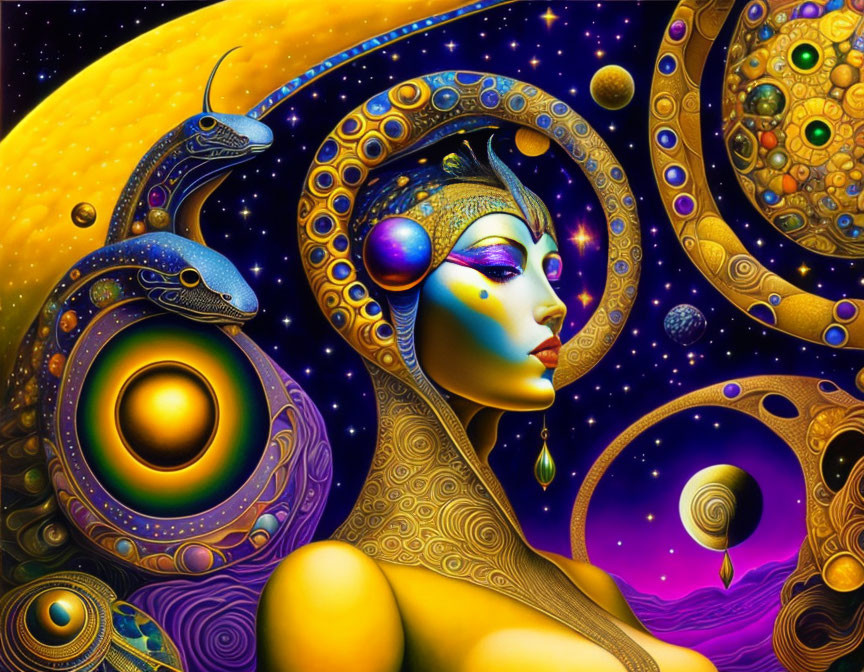 Vibrant female figure with exotic makeup in cosmic scene