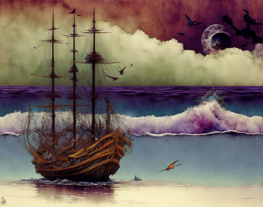 Surreal moonlit scene: old sailing ship, tattered sails, crows, fish,