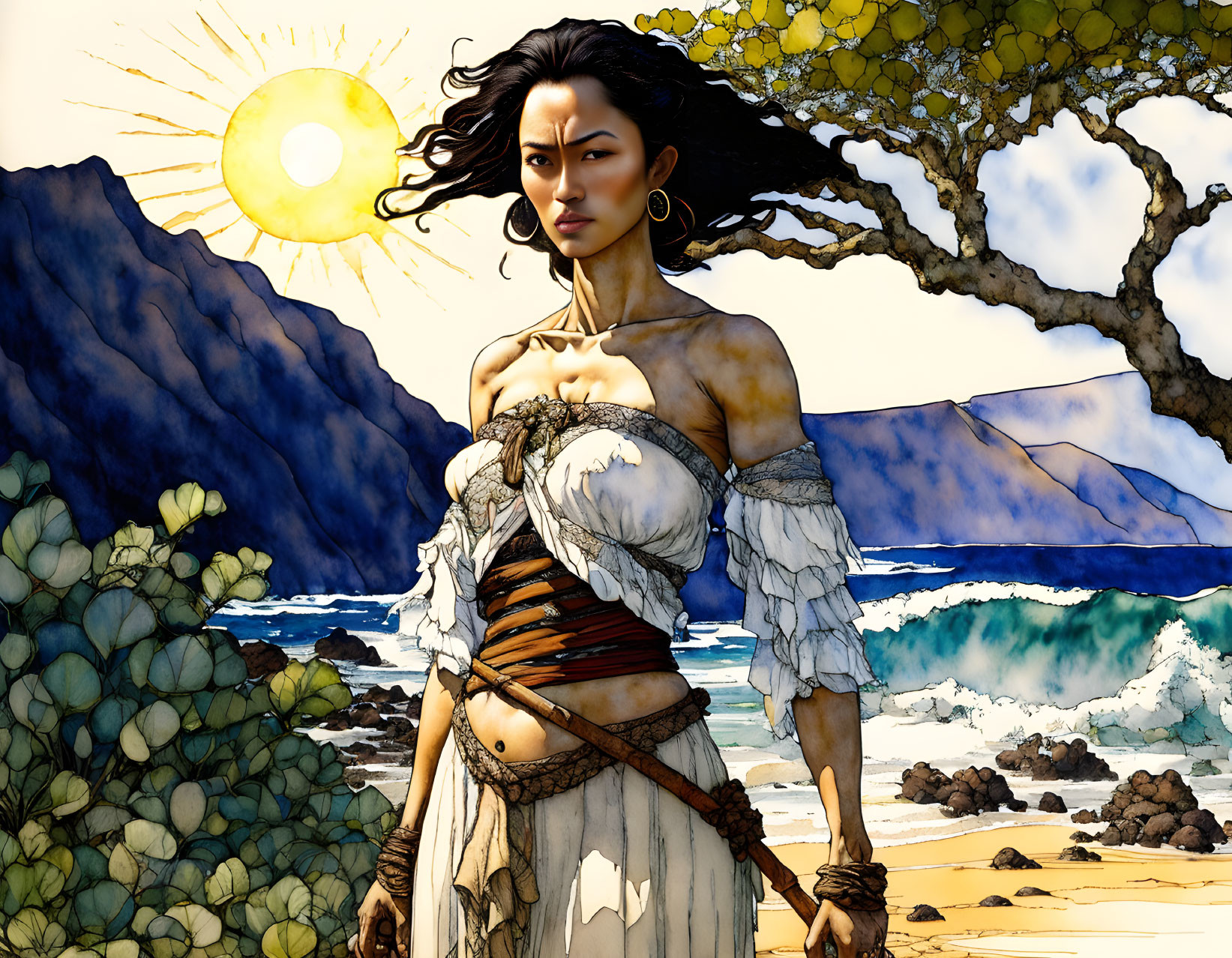 Illustrated woman on beach with fantasy outfit and determined expression