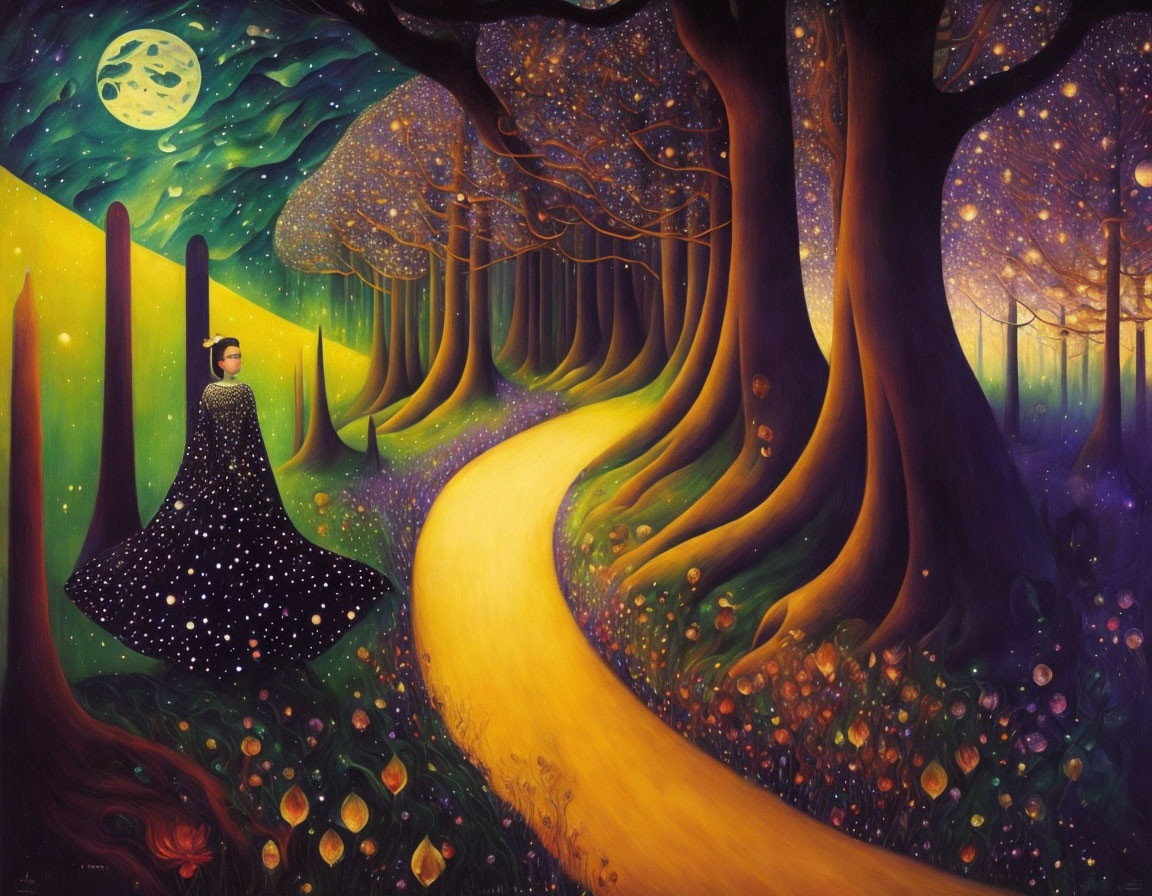 Enchanting forest scene with figure in star cloak under crescent moon