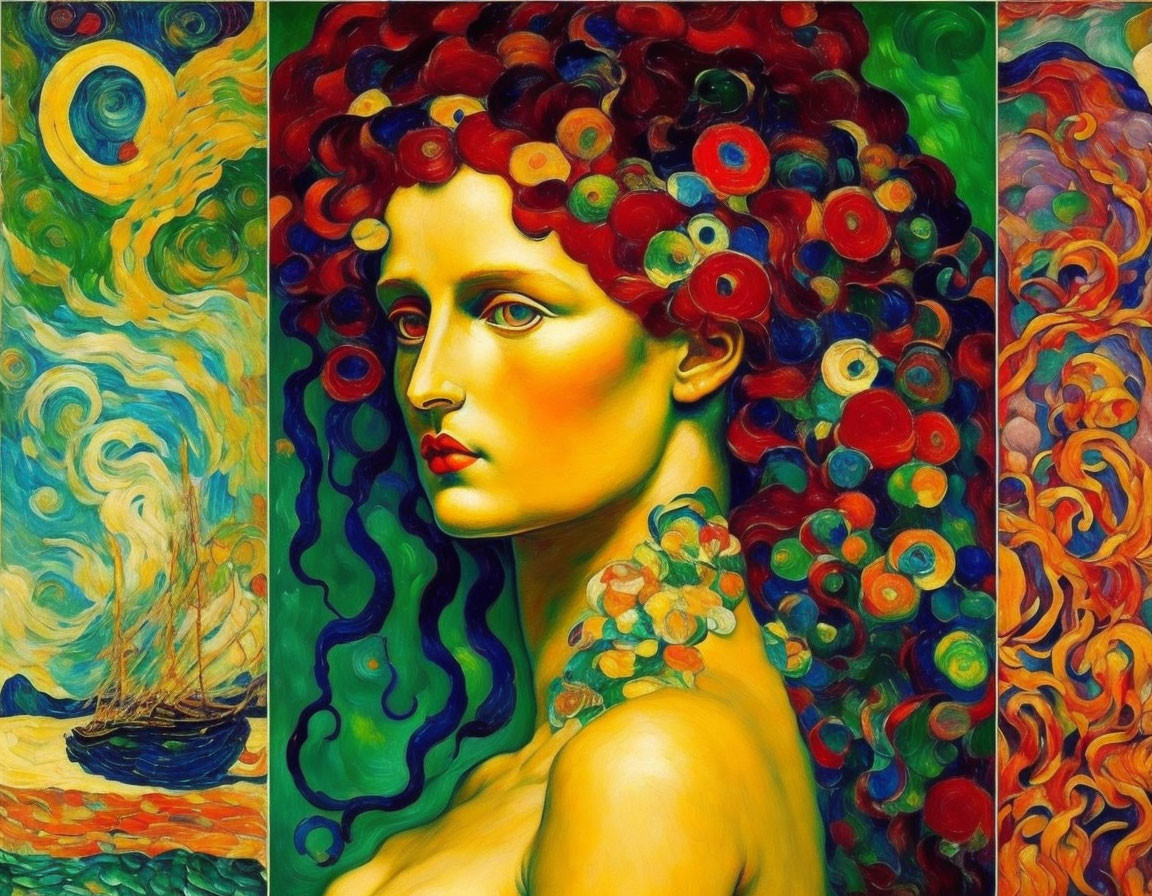 Colorful portrait of a woman with floral hair on Van Gogh-style backdrop.