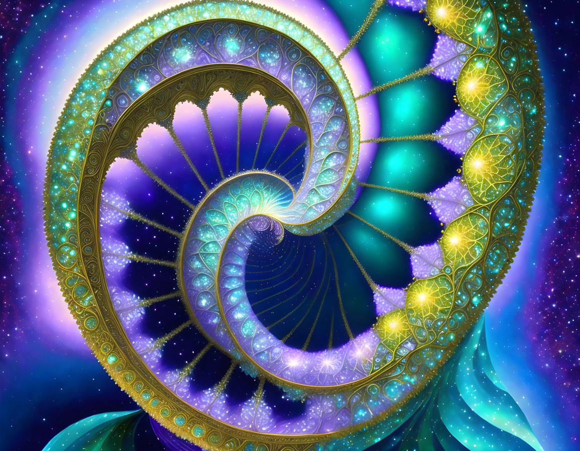 Colorful Fractal Art: Nautilus Shell Spiral in Cosmic Setting