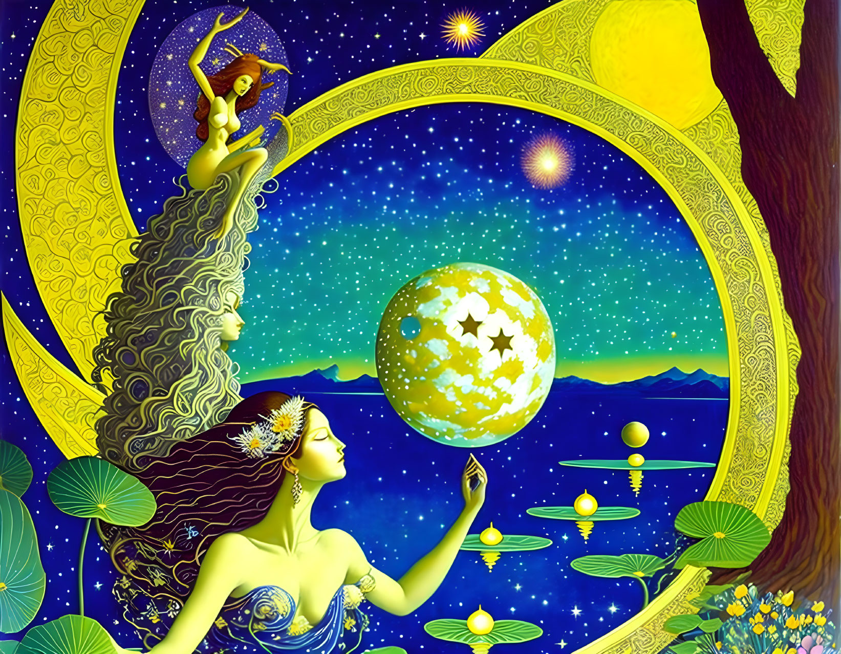 Colorful artwork of woman holding planet with starry hair, tree, lotuses, crescent moon