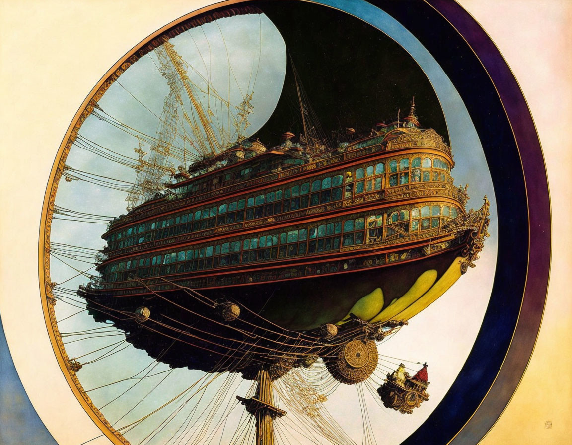 Detailed Flying Ship Illustration in Circular Frame